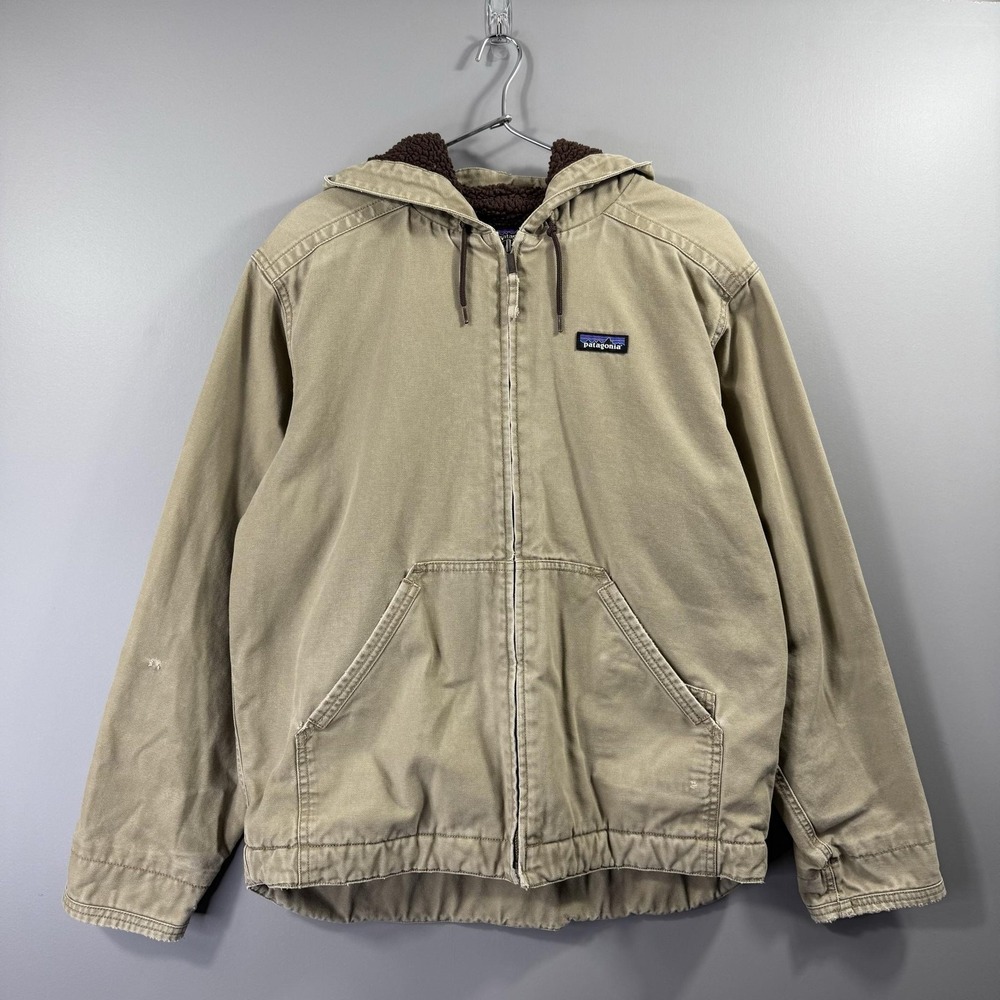Patagonia Workwear Jacket Mens Medium Beige Canvas Hooded Fleece Lined Full Zip